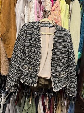 Marks & Spencer Black and White Tweed Fringe Jacket